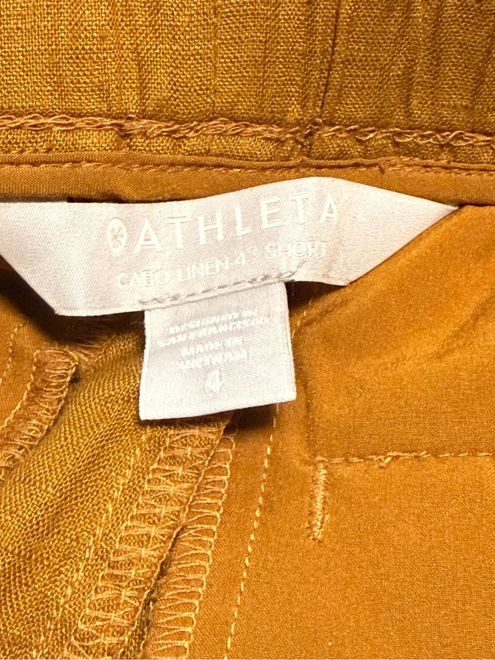 Athleta Cabo Linen 4” Shorts Size 4 NWT Ochre Mustard 100% Linen